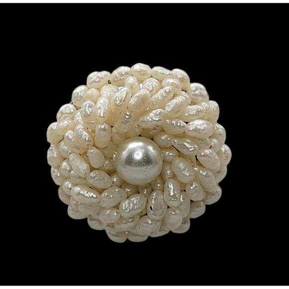 Seed Pearl Cluster Brooch Intricate Twisted Dome Bead Design Silver-Tone Back - Picture 7 of 9